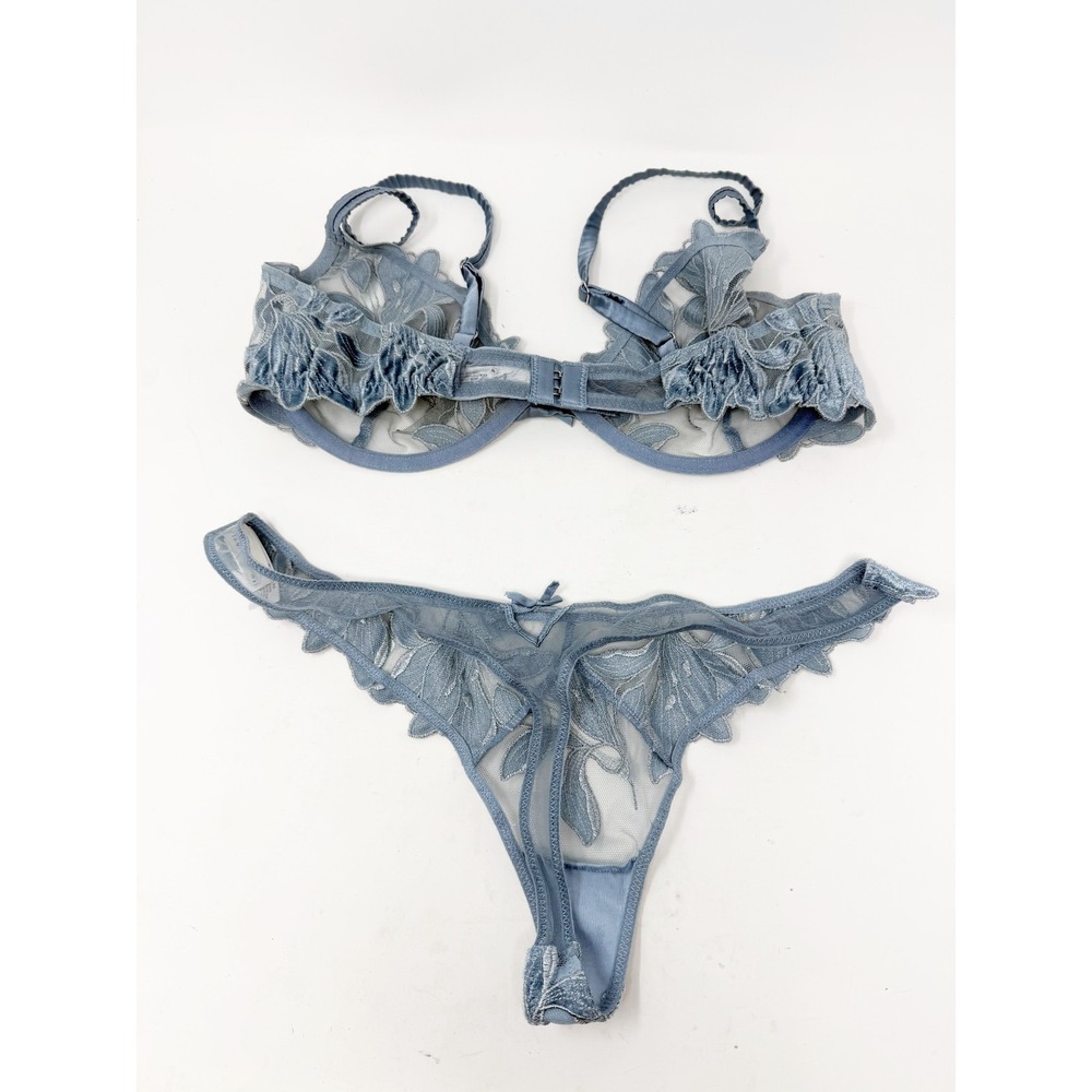 Fleur Du Mal Velvet Lily Embroidered Bra Thong Set Floral Lingerie Blue Sz 36D - Picture 3 of 8